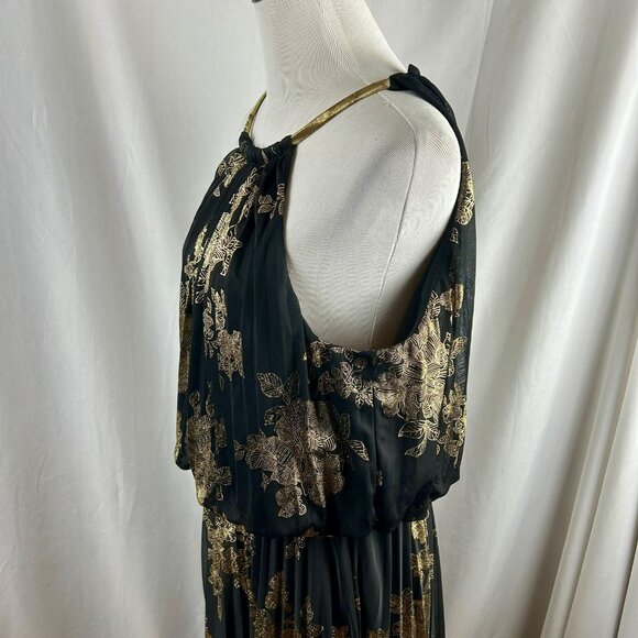 MSK Pleated Gold Print Maxi‎ Dress Women 16 Black Metallic Floral Event Wedding - Picture 9 of 15